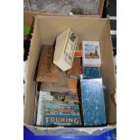 BOX OF WOODEN CRIBBAGE BOARD, PLAYING CARDS, DOMINOES ETC