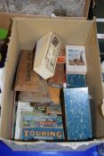 BOX OF WOODEN CRIBBAGE BOARD, PLAYING CARDS, DOMINOES ETC