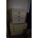 TWO WHITE MELAMINE THREE DRAWER CHESTS, LARGEST 76CM WIDE