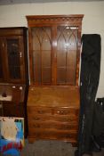 REPRODUCTION YEW WOOD VENEERED BUREAU BOOKCASE WITH GLAZED TOP SECTION AND A BASE WITH FALL FRONT