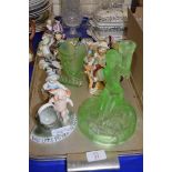 TRAY OF MIXED LATE 19TH AND EARLY 20TH CENTURY FIGURES AND FIGURE GROUPS, A URANIUM GLASS BASE ETC