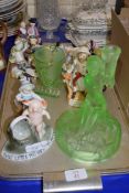 TRAY OF MIXED LATE 19TH AND EARLY 20TH CENTURY FIGURES AND FIGURE GROUPS, A URANIUM GLASS BASE ETC