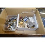 ONE BOX OF COSTUME JEWELLERY, WATCHES, MOTHER OF PEARL MOUNTED SALT AND PEPPER SHAKERS ETC