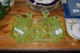 ART DECO PRESSED URANIUM GLASS DRESSING TABLE SET