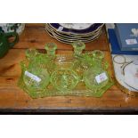 ART DECO PRESSED URANIUM GLASS DRESSING TABLE SET