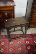 ANTIQUE OAK JOINT STOOL ON TURNED LEGS, 47CM WIDE