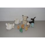 MIXED LOT OF TEAL STREET POTTERY, SOOTY EGG CUPS, DEE-CEE POTTERY RABBITS, POTTERY SWANS ETC