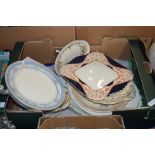 BOX OF MIXED DECORATED PLATES, WEDGWOOD, WOODS & SONS, ALUMINIUM MOUNTED WARMING PLATE AND OTHER