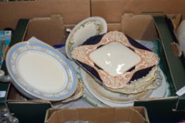 BOX OF MIXED DECORATED PLATES, WEDGWOOD, WOODS & SONS, ALUMINIUM MOUNTED WARMING PLATE AND OTHER