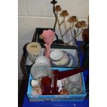 THREE SMALL BOXES CONTAINING EGGSHELL TEA WARES, GLASS VASES, CANDLESTICKS ETC