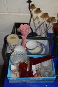 THREE SMALL BOXES CONTAINING EGGSHELL TEA WARES, GLASS VASES, CANDLESTICKS ETC