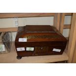 19TH CENTURY ROSEWOOD AND BRASS INLAID BOX OF SARCOPHAGUS FORM