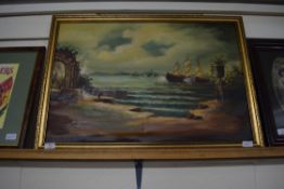 20TH CENTURY SCHOOL, STUDY OF SHIPS ATTACKING A MEDITERRANEAN PORT, OIL ON CANVAS, GILT FRAMED, 62CM