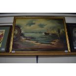 20TH CENTURY SCHOOL, STUDY OF SHIPS ATTACKING A MEDITERRANEAN PORT, OIL ON CANVAS, GILT FRAMED, 62CM