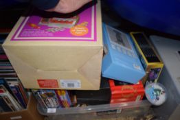 BOX OF MIXED ITEMS TO INCLUDE CASED TONKA AND OTHER TOY VEHICLES, BOARD GAMES, CANDY GRABBER ETC