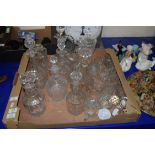 BOX OF MIXED DECANTERS AND DRINKING GLASSES
