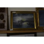 D V COOPER, STUDY OF FISHING BOATS ON MOONLIT SEA, OIL ON BOARD, GILT FRAMED