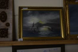 D V COOPER, STUDY OF FISHING BOATS ON MOONLIT SEA, OIL ON BOARD, GILT FRAMED