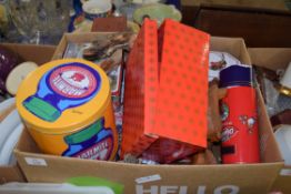 BOX OF TINS, WOODEN ORNAMENTS ETC