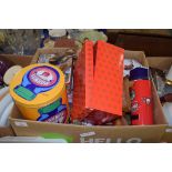 BOX OF TINS, WOODEN ORNAMENTS ETC