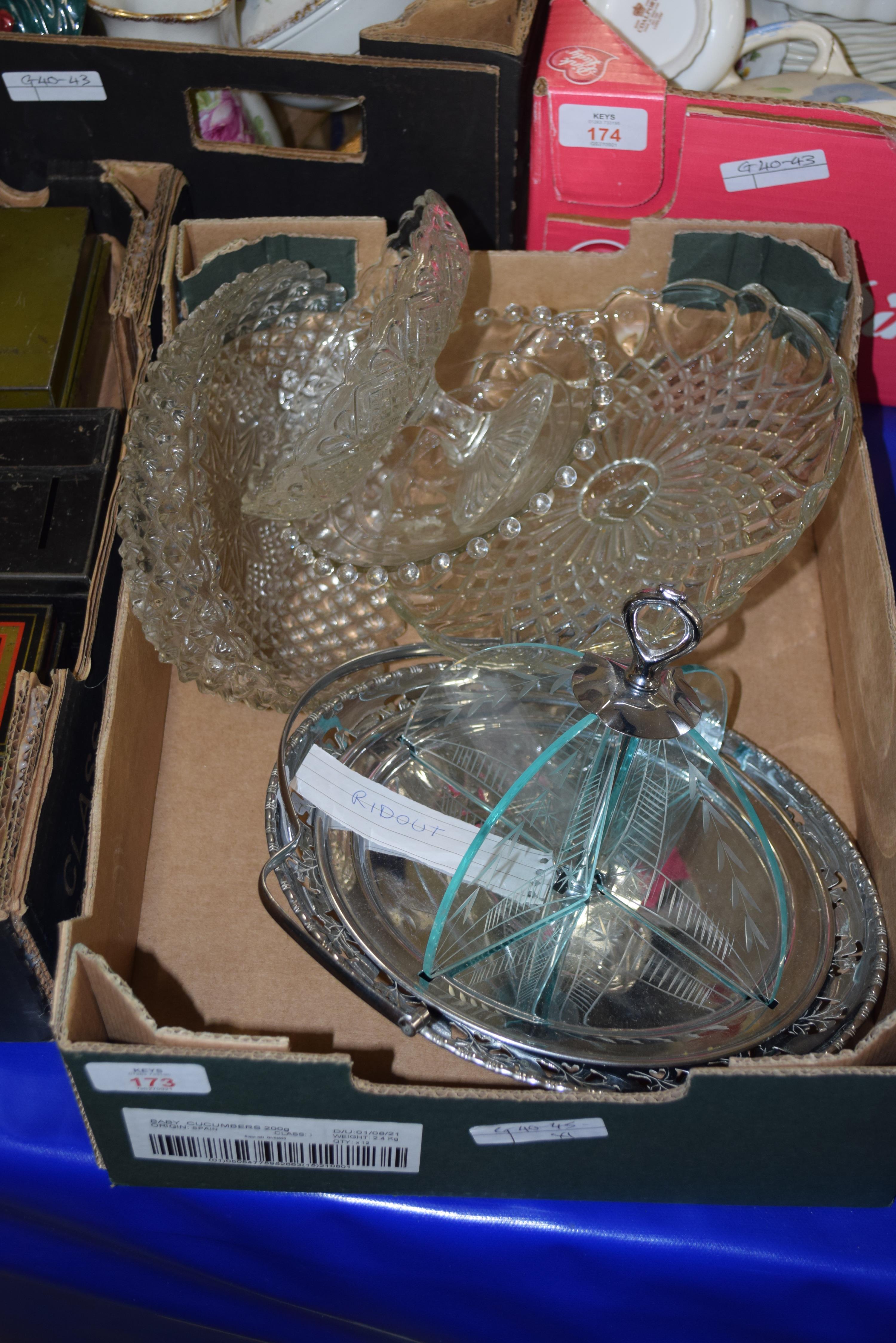 BOX OF PRESSED GLASS BOWLS, SILVER PLATED DISH ETC