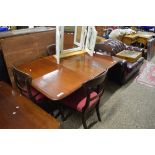 VICTORIAN MAHOGANY DROP LEAF DINING TABLE AND FOUR BAR BACK CHAIRS