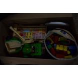 BOX OF CHILDRENS WOODEN BUILDING BLOCKS AND OTHER TOYS