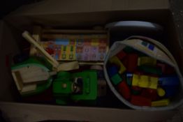 BOX OF CHILDRENS WOODEN BUILDING BLOCKS AND OTHER TOYS