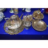 QTY OF SILVER PLATED SERVING TRAYS, TAZZAS, TEA POT, ROSE BOWL, SUGAR BASIN ETC