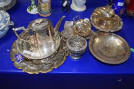 QTY OF SILVER PLATED SERVING TRAYS, TAZZAS, TEA POT, ROSE BOWL, SUGAR BASIN ETC