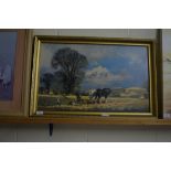 OLEOGRAPH PRINT OF A PLOUGHING SCENE WITH HEAVY HORSES, GILT FRAMED, 75CM WIDE