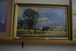 OLEOGRAPH PRINT OF A PLOUGHING SCENE WITH HEAVY HORSES, GILT FRAMED, 75CM WIDE