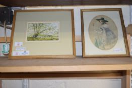 HARRY PETERS SPRING AT HOXNE, WATERCOLOUR, F/G, TOGETHER WITH A FURTHER 19TH CENTURY SILK WORK