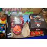 BOX OF MIXED ITEMS TO INCLUDE ROBERTSONS JAM FIGURES, BOXED DRINKING GAME, CANDLES ETC