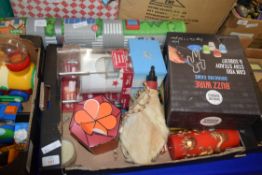 BOX OF MIXED ITEMS TO INCLUDE ROBERTSONS JAM FIGURES, BOXED DRINKING GAME, CANDLES ETC