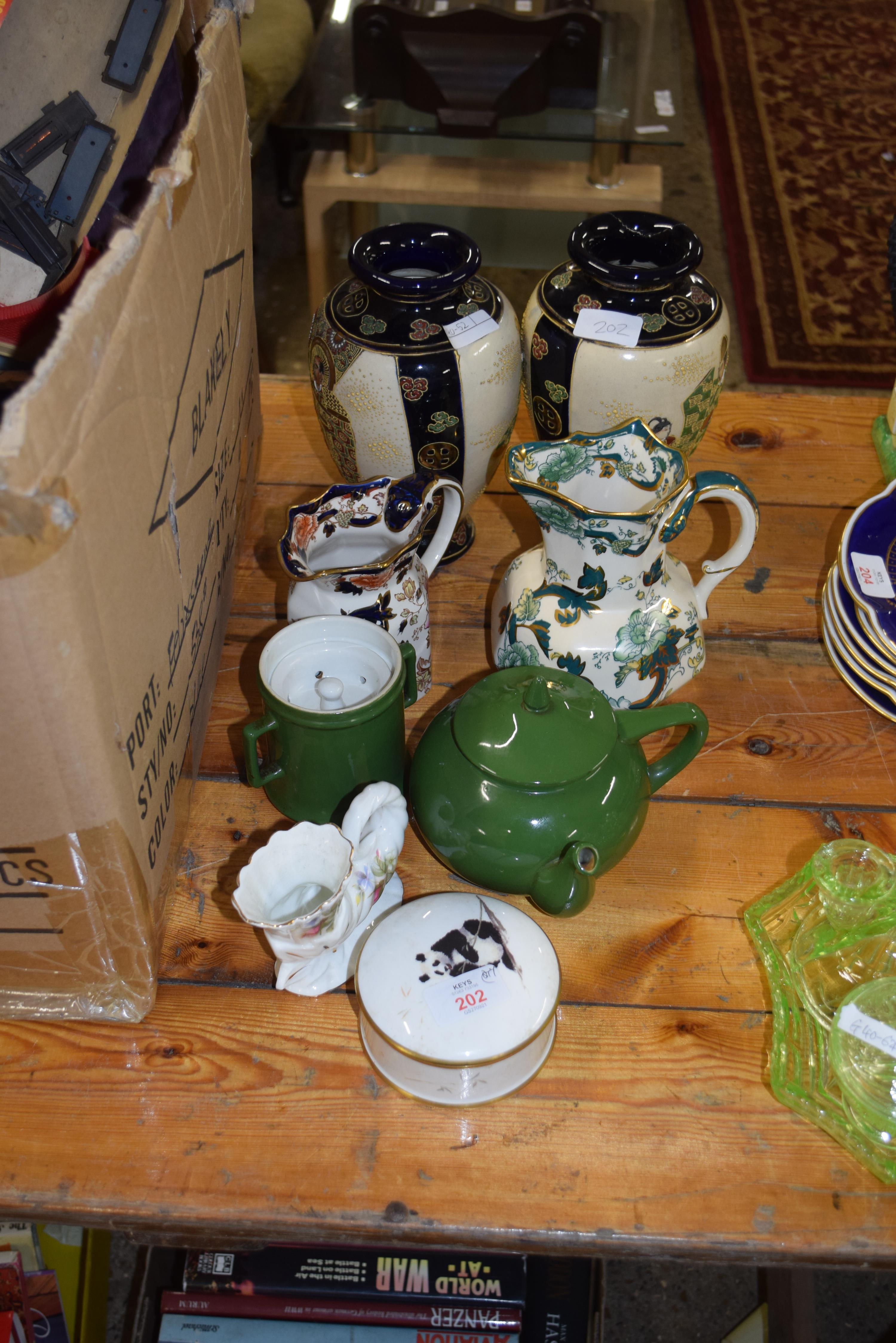 MIXED LOT COMPRISING A PAIR OF JAPANESE SATSUMA VASES TOGETHER WITH TWO MASONS IRONSTONE JUGS AND