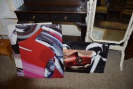 THREE MODERN AUTOMOBILIA PRINTS ON CANVAS PLUS ONE OTHER (4)