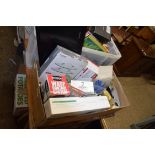 BOX OF SHOP CLEARANCE ITEMS TO INCLUDE SHOE POLISH, GARDEN HOSE FITTINGS, CORNER SHELF, E-MACHINES