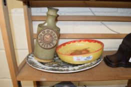 MYOTT MEAT PLATE, A POTTERY WHISKY DECANTER AND A FURTHER BOWL (3)