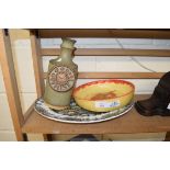MYOTT MEAT PLATE, A POTTERY WHISKY DECANTER AND A FURTHER BOWL (3)