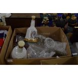 BOX OF MIXED GLASS BOWLS, CARVERS, WADE COMMEMORATIVE SCOTCH WHISKY BELLS (EMPTY) ETC