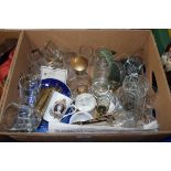 BOX OF MIXED ITEMS TO INCLUDE COPENHAGEN PLATES, DRINKING GLASSES, CAITHNESS VASE ETC