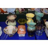 MIXED LOT COMPRISING WEST GERMAN VASES, MOTHER OF PEARL INLAID HARDWOOD BOX ETC