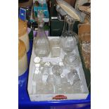 TWO BOXES OF MIXED GLASS WARES TO INCLUDE DECANTERS, JELLY MOULD, SUNDAE DISHES, CRUET SET ETC