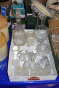 TWO BOXES OF MIXED GLASS WARES TO INCLUDE DECANTERS, JELLY MOULD, SUNDAE DISHES, CRUET SET ETC