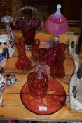 MIXED LOT OF CRANBERRY GLASS WARES TO INCLUDE VASES, DECANTER, DECORATED PLATES ETC