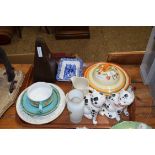 TRAY OF MIXED ITEMS TO INCLUDE A PAIR OF RYE POTTERY CATS, A RYE POTTERY DAVID SHARP CUP AND SAUCER,