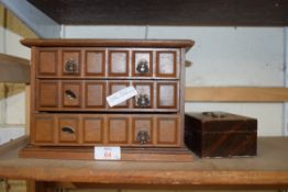 SMALL THREE DRAWER TABLE TOP CHEST TOGETHER WITH A FURTHER WOODEN BOX (2)