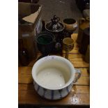 MIXED LOT OF VICTORIAN BARGE WARE TEA POT WITH FLORAL DECORATION, A SOLWARE CHAMBER POT, A CAST