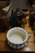 MIXED LOT OF VICTORIAN BARGE WARE TEA POT WITH FLORAL DECORATION, A SOLWARE CHAMBER POT, A CAST